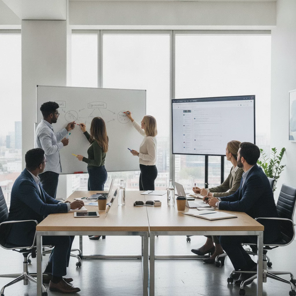 A creative brainstorming session in a bright meeting room, team members writing SEO strategies on a whiteboard, modern and professional atmosphere, no text. ALT: 厦门SEO排名提升团队协作