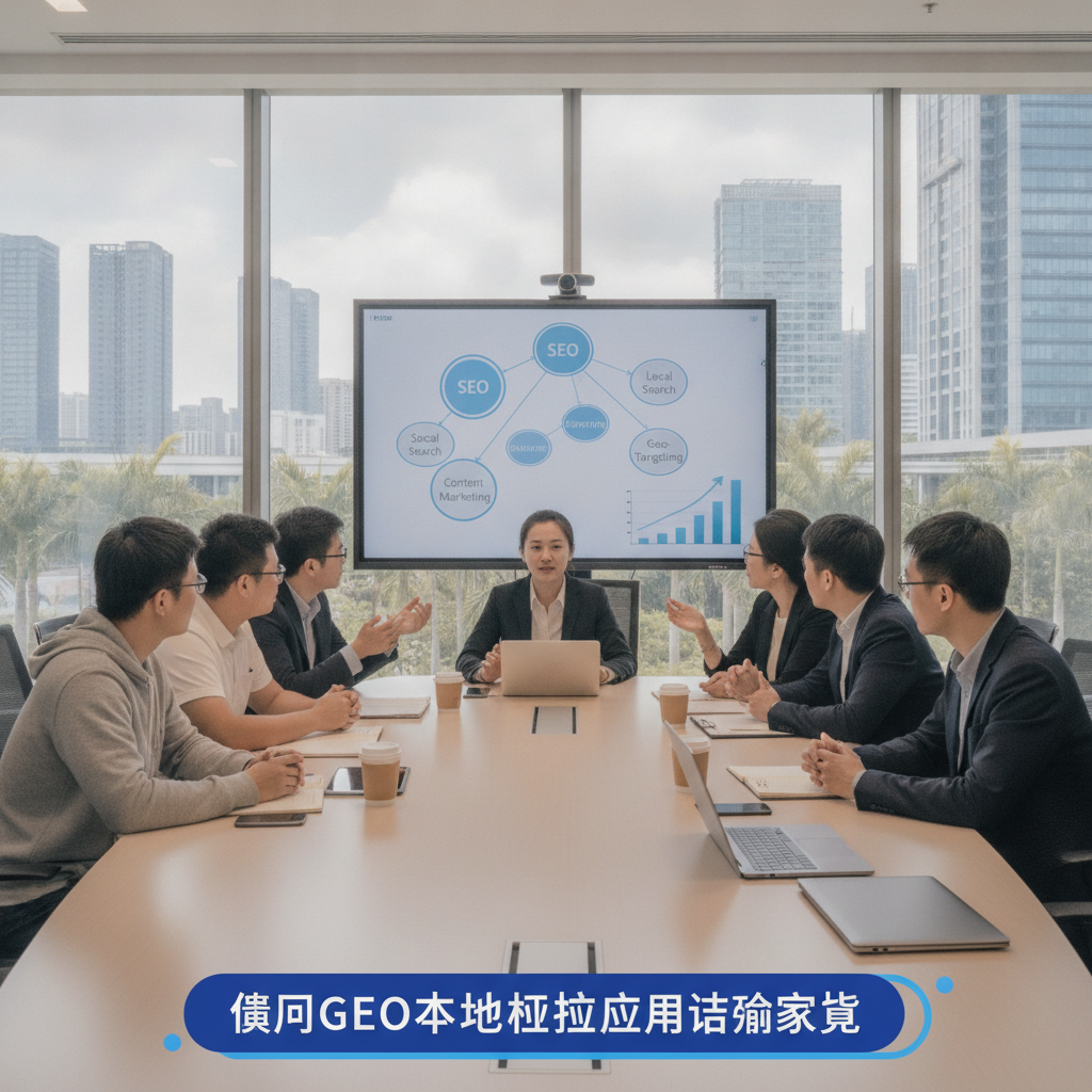 A professional business meeting in Xiamen software park, developers and marketers discussing digital branding and search engine recommendation strategies, ALT: 厦门GEO本地行业应用讨论场景