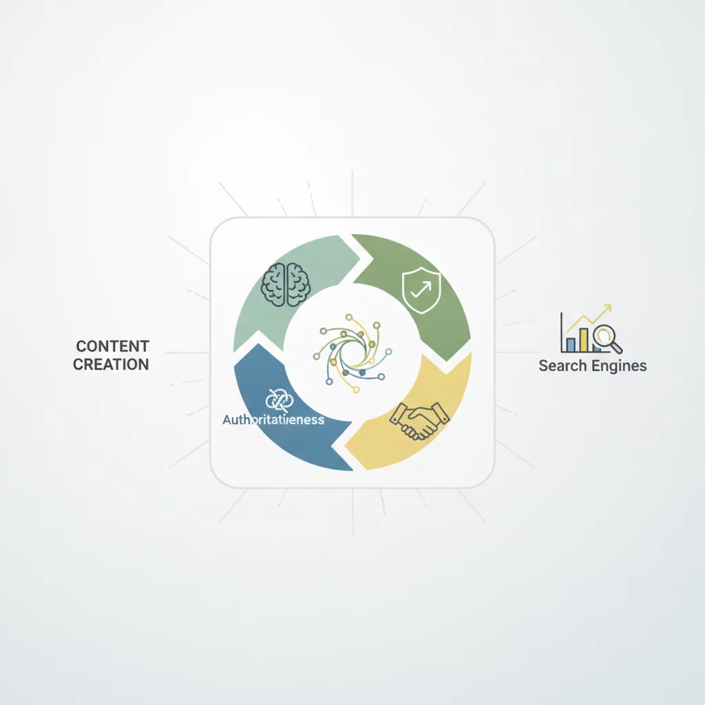 Infographic representing EEAT content creation and authority building for search engines, minimalist design, no text