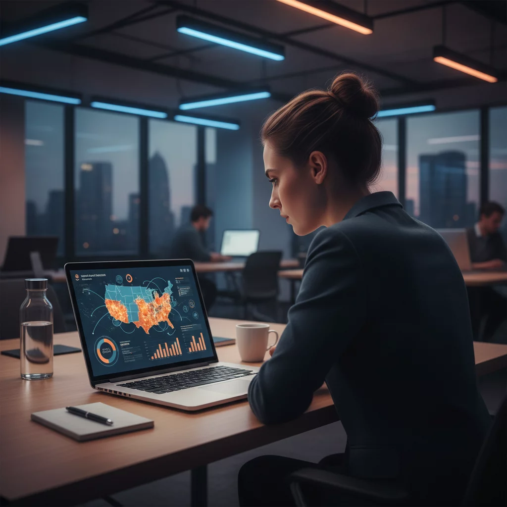 A user analyzing data on a laptop screen, depicting search intent analysis for domestic GEO, modern office setting, professional blue and orange lighting, no text