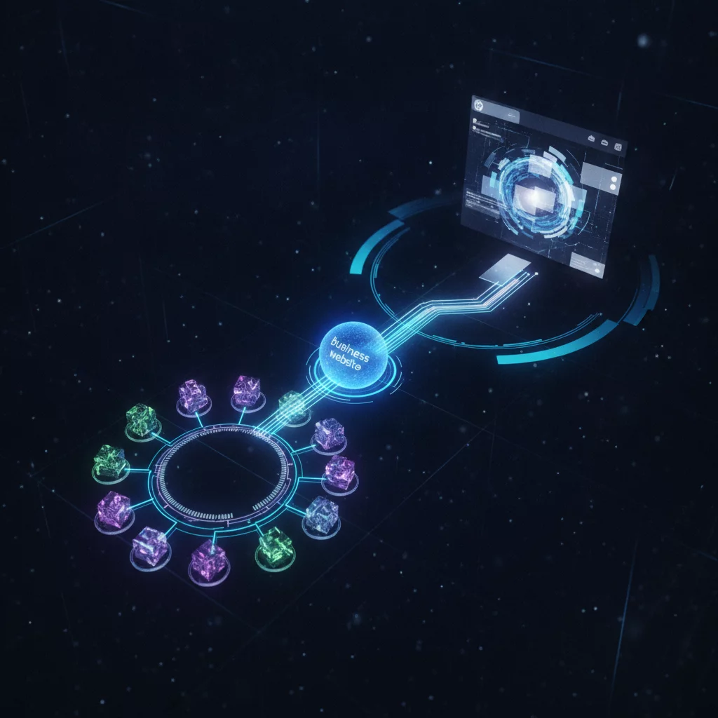 An abstract conceptual visualization of data nodes connecting a business website to a smart AI assistant search interface, high tech, clean design, no text