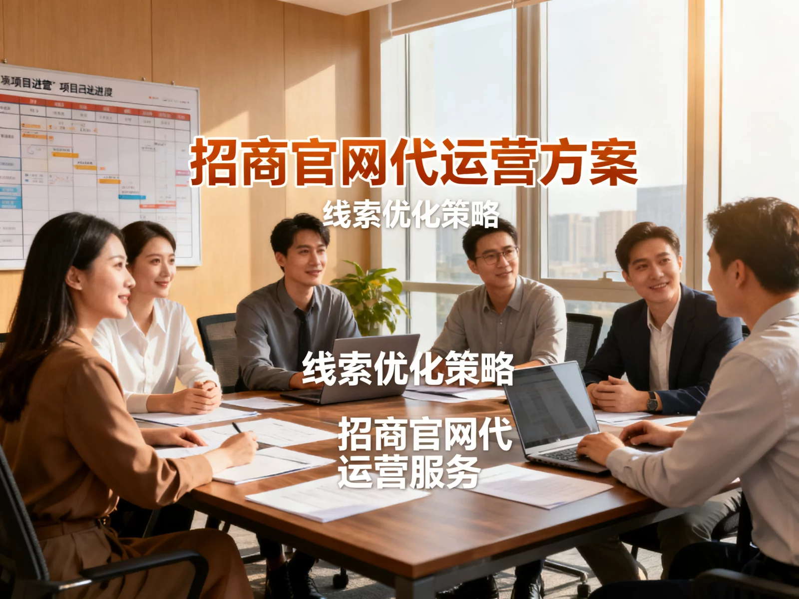 专业运营团队在会议室讨论招商官网代运营方案与线索优化策略 | 招商官网代运营服务