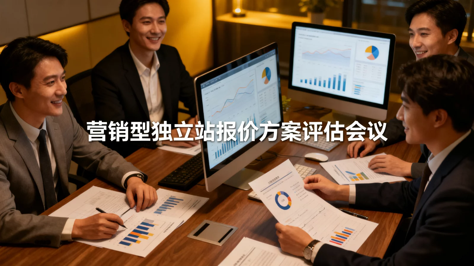 外贸团队在会议室研究营销型独立站报价方案与数据指标，商业专业氛围 | marketing-independent-station-quote.webp | 营销型独立站报价方案评估会议