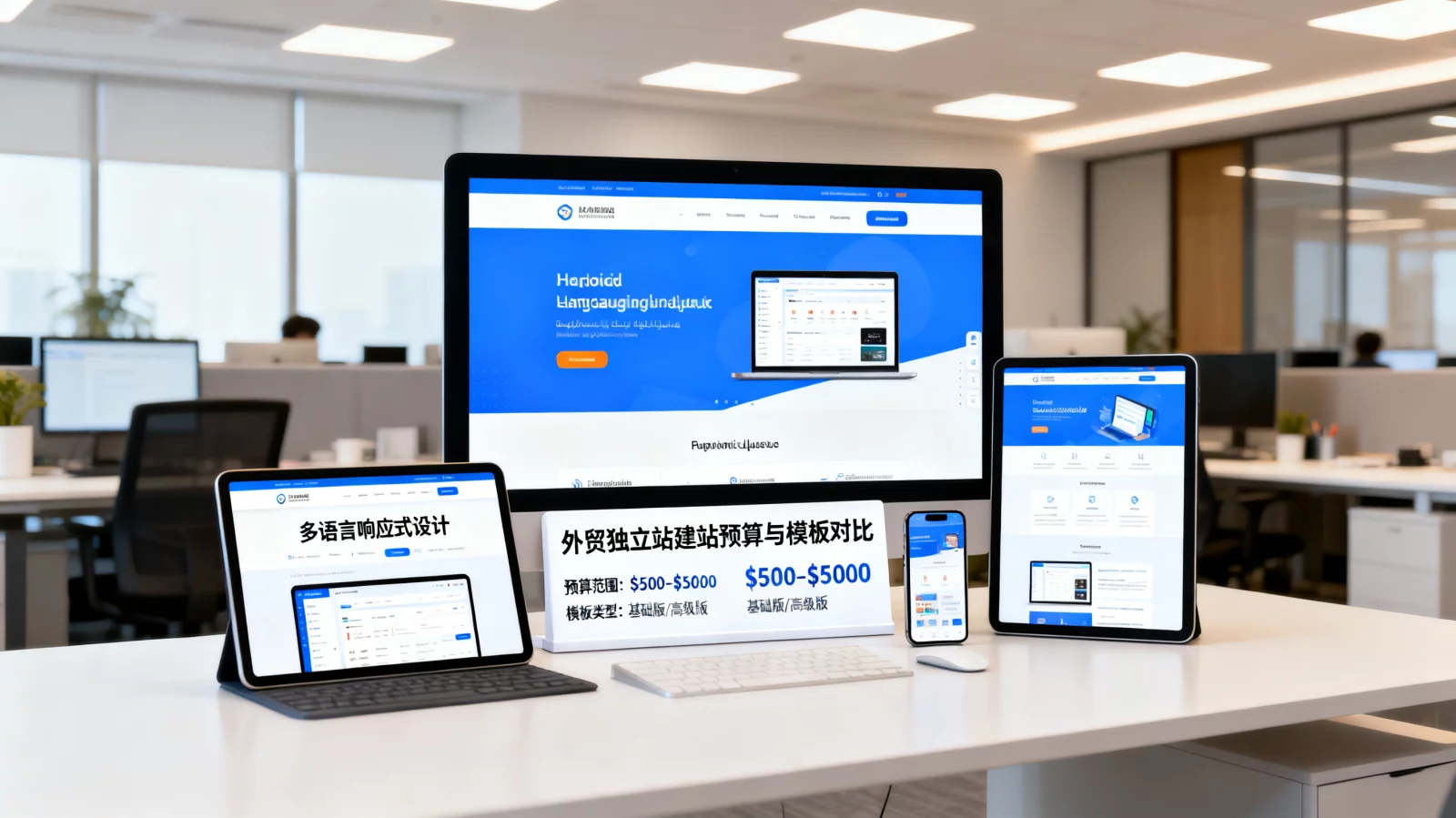 现代办公室内展示的响应式多语言网站建设示例画面 | multi-language-website-building.webp | 外贸独立站建站预算与模板对比