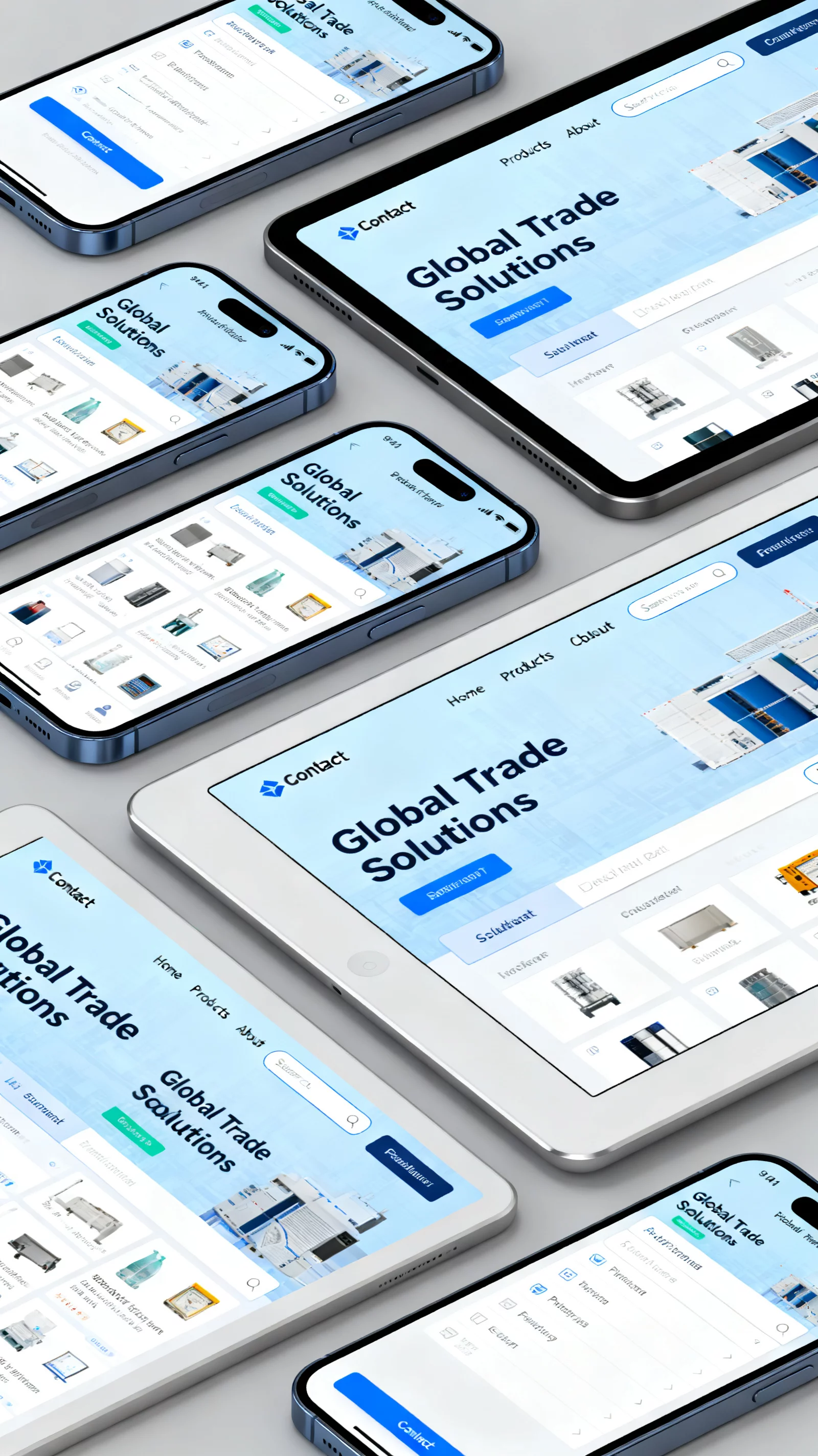 各种移动设备和平板展示响应式外贸网站界面,设计现代化 | responsive-website-design-display.webp | 响应式外贸建站界面在多端展示效果