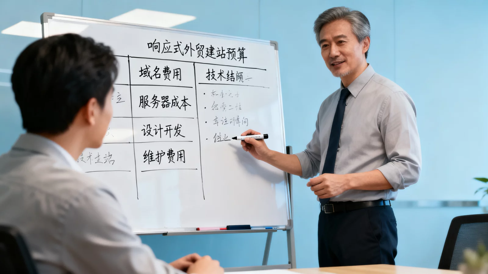 资深技术顾问在白板上为客户讲解响应式外贸建站预算结构，气氛专业融洽 | responsive-website-budget-planning.webp | 响应式外贸建站预算规划现场