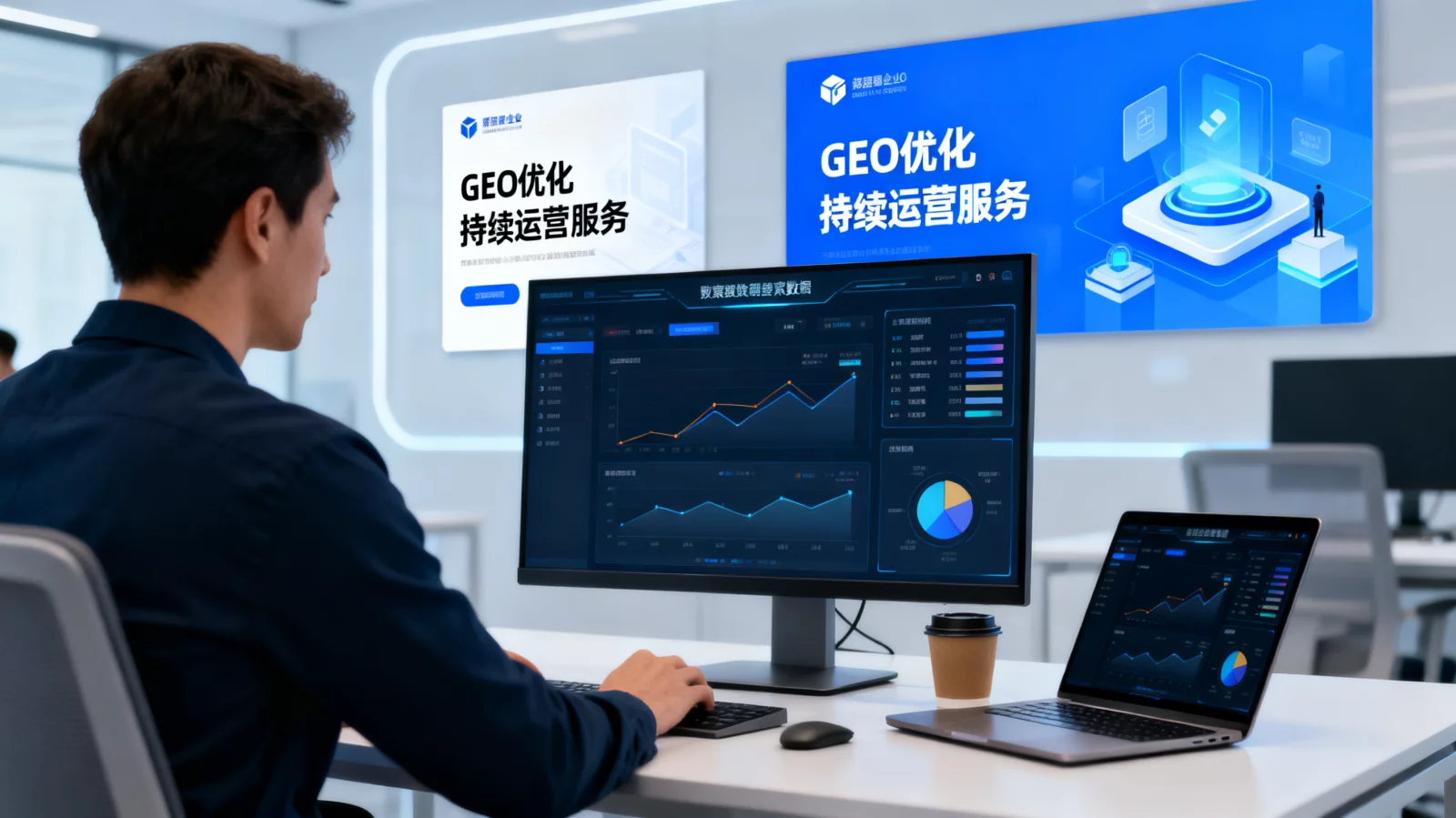 数据分析师正在监测GEO优化与搜索数据报表,现代科技办公场景 | geo-optimization-dashboard.webp | 企业GEO优化与持续运营服务