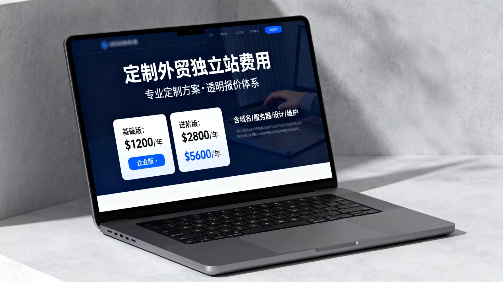 笔记本电脑屏幕上显示响应式外贸独立站页面设计图，展示定制外贸独立站费用相关的专业形象