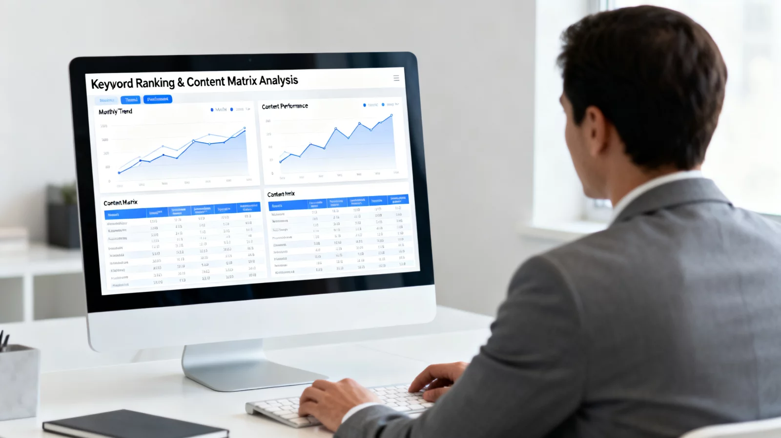 Marketing professional working on desktop computer, analyzing keyword ranking trends and content matrix data in a clean environment