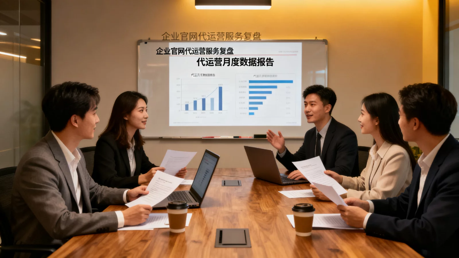 运营团队在会议室分析代运营月度报表与客户沟通，商务合作氛围 | website-operation-team-meeting.webp | 企业官网代运营服务复盘