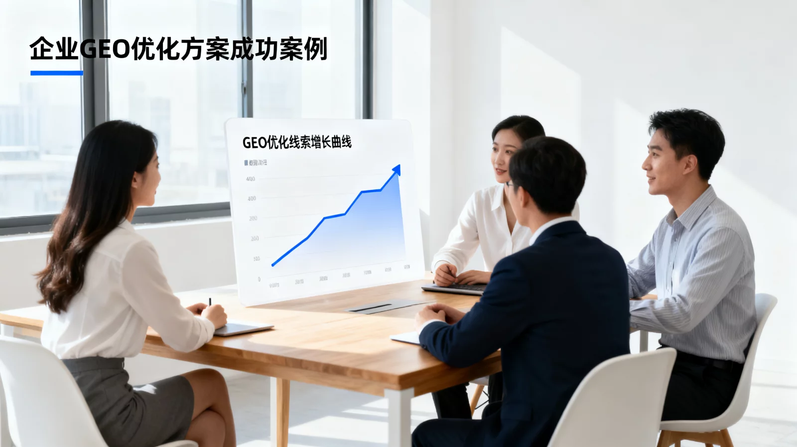 B2B企业团队通过数据报表查看GEO优化后的线索增长曲线，明亮专业的办公场景 | geo-optimization-case-study.webp | 企业GEO优化方案成功案例效果展示