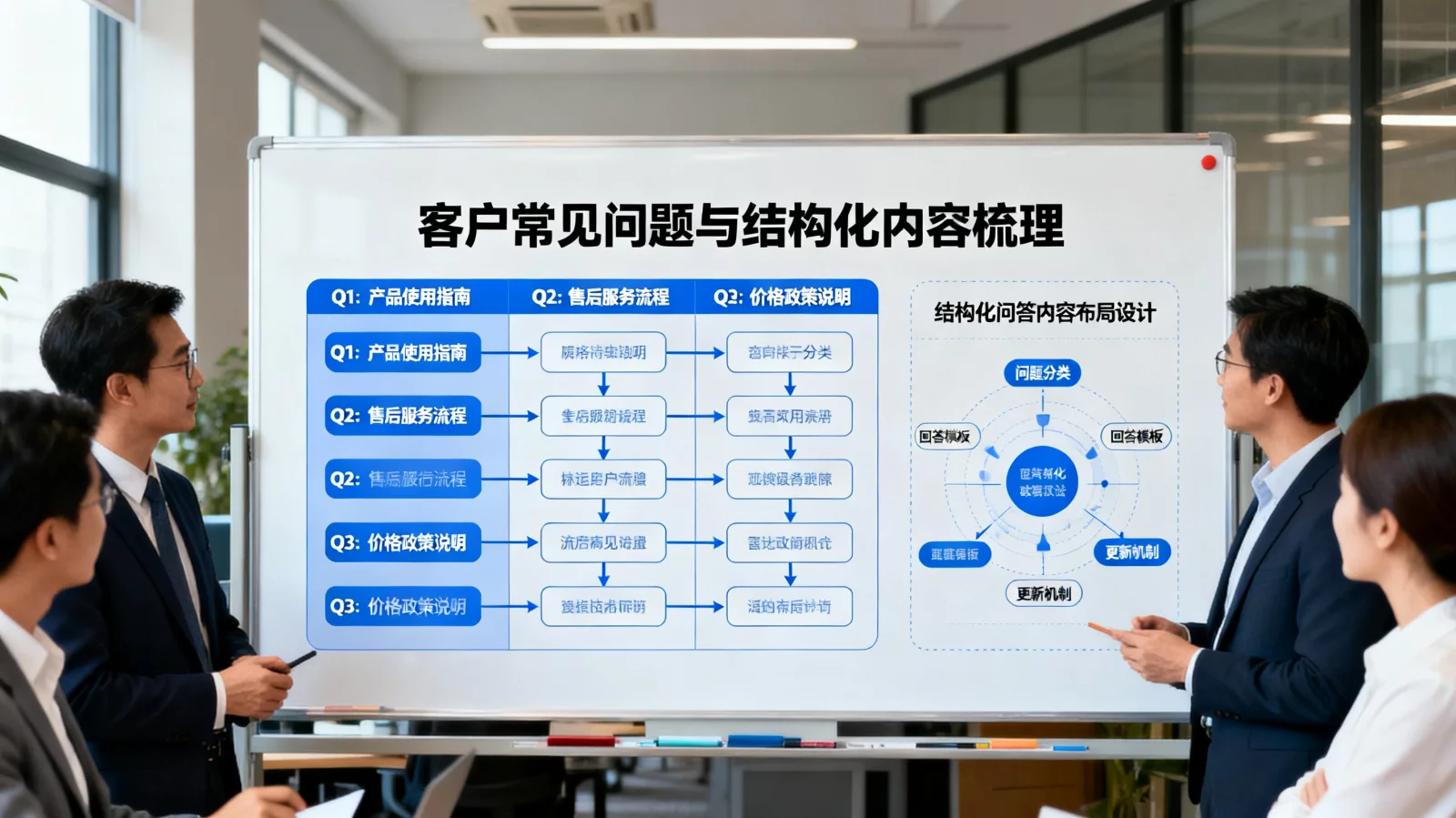 商务团队在白板上梳理客户常见问题与结构化内容框图 | faq-content-strategy.webp | 结构化问答内容布局设计