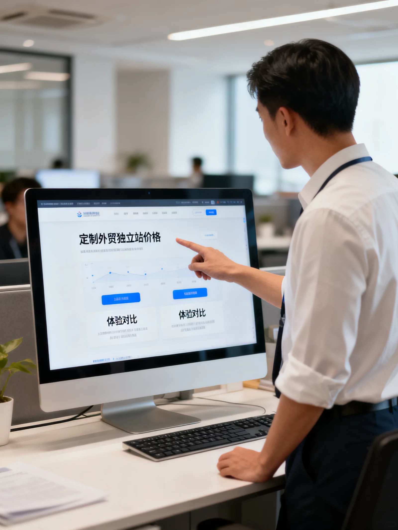现代办公室内,外贸团队负责人展示定制外贸独立站界面与品牌设计,专业商业摄影 | custom-website-development.webp | 定制外贸独立站价格与体验对比