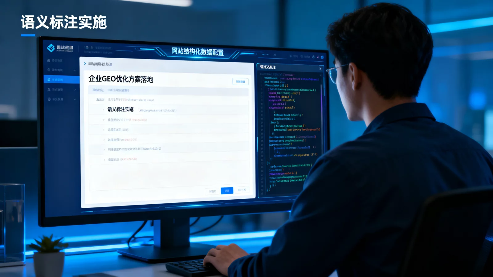 工程师在电脑前配置网站结构化数据与语义标注代码,清晰简洁的科技视效 | enterprise-geo-optimization-plan.webp | 企业GEO优化方案落地与语义标注实施