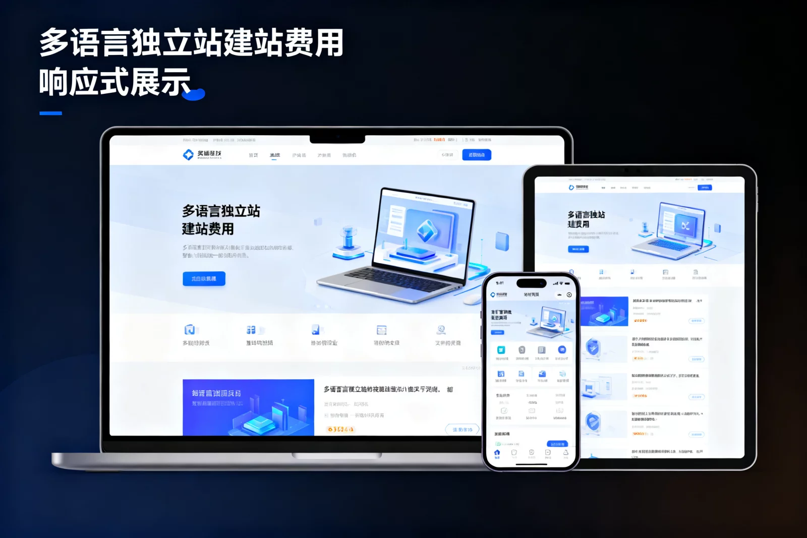 响应式外贸网站在笔记本电脑、平板和手机上的多端展示效果,现代科技风格 | responsive-multilingual-website-design.webp | 多语言独立站建站费用与响应式展示