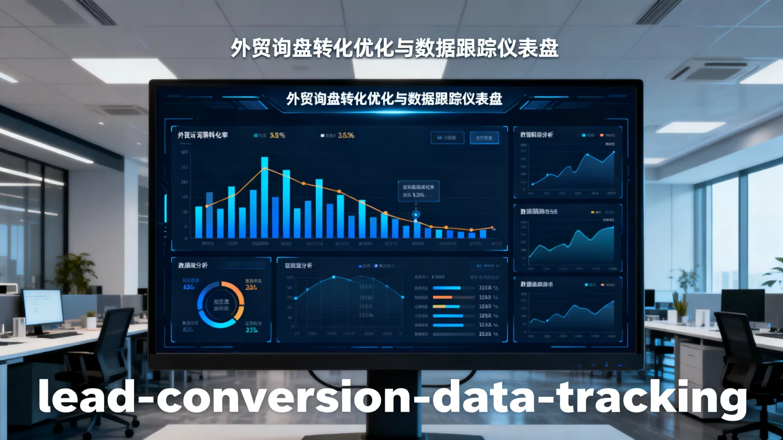 现代化办公室中显示外贸询盘转化率和数据跟踪分析的仪表盘屏幕，专业科技感氛围 | lead-conversion-data-tracking.webp | 外贸询盘转化优化与数据跟踪仪表盘