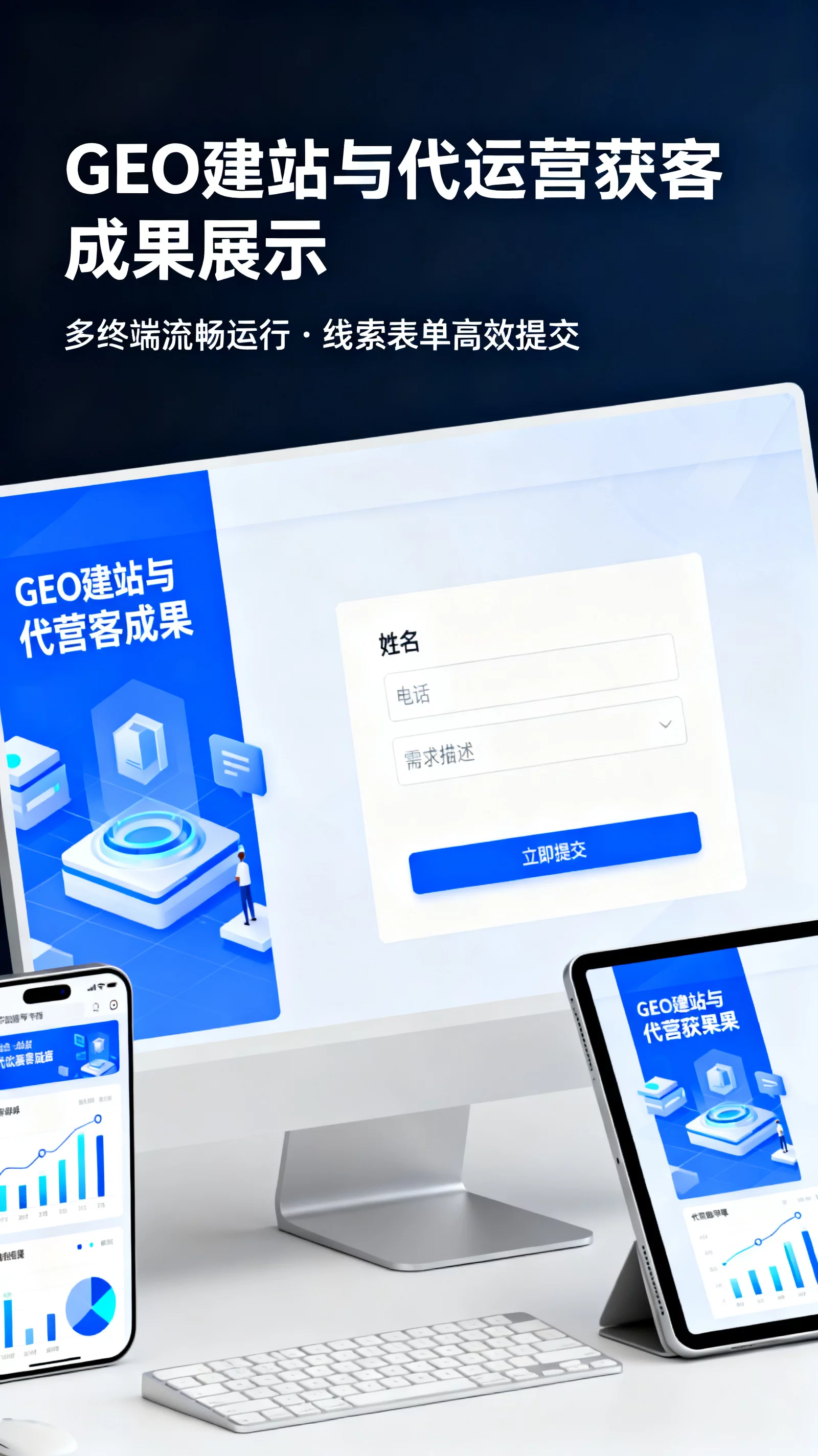展示企业官网在多终端流畅运行与线索表单提交界面,科技感与信任感 | business-growth-dashboard.webp | GEO建站与代运营获客成果展示