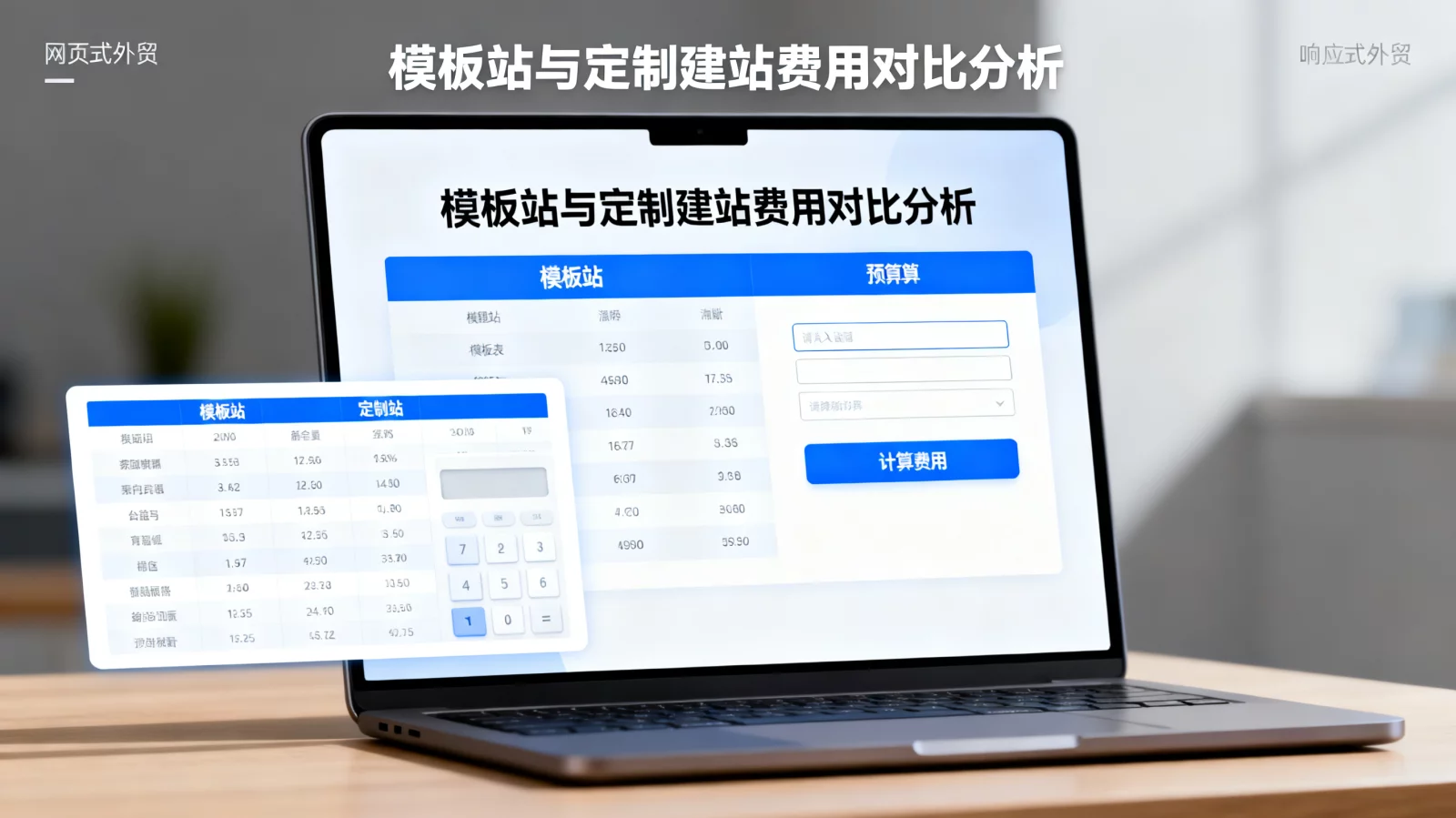 笔记本电脑屏幕展示响应式外贸网站界面,左侧放置对比数据表与预算计算器 | template-vs-custom-website-cost.webp | 模板站与定制建站费用对比分析