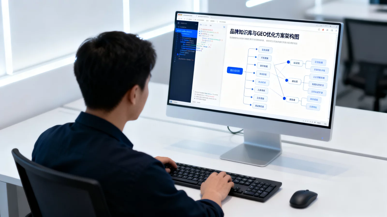 工程师在电脑前配置网站代码与品牌知识库系统架构图，技术感明亮氛围 | brand-knowledge-base-seo-architecture.webp | 品牌知识库与GEO优化方案架构图