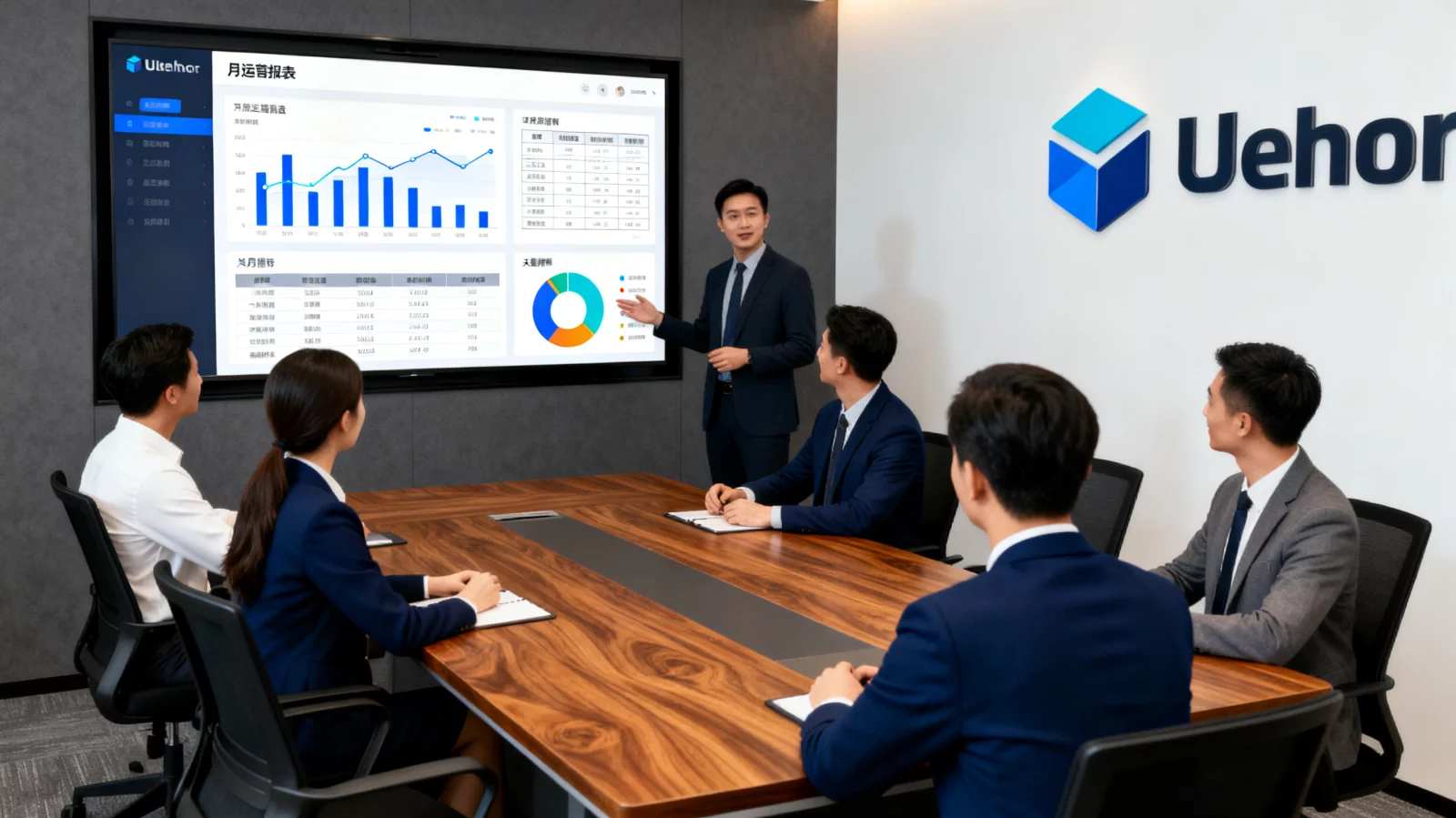 商务会议室中团队展示数据分析看板与月度运营报表，专业严谨风格 | digital-marketing-report-meeting.webp | 网站月度运营报表汇报场景