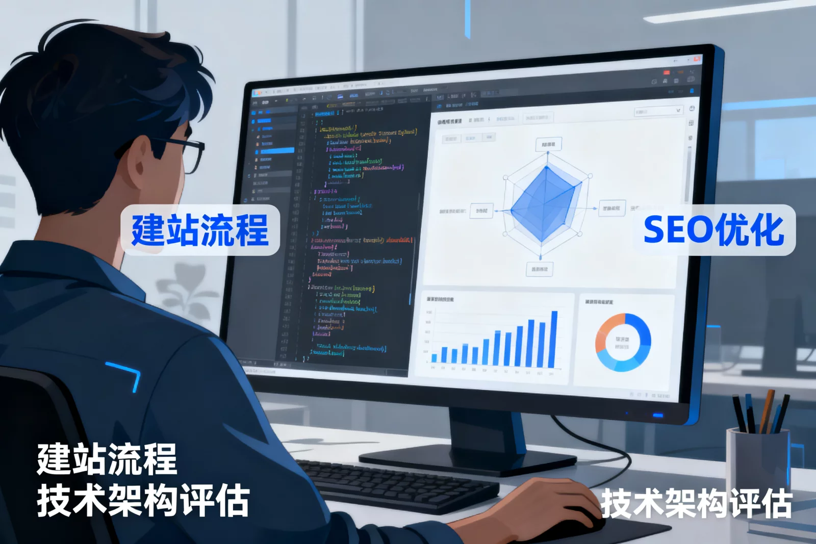 工程师在电脑前配置网站代码与结构化数据,展示建站与优化过程 | website-architecture-seo.webp | 评估geo代运营公司的技术架构能力