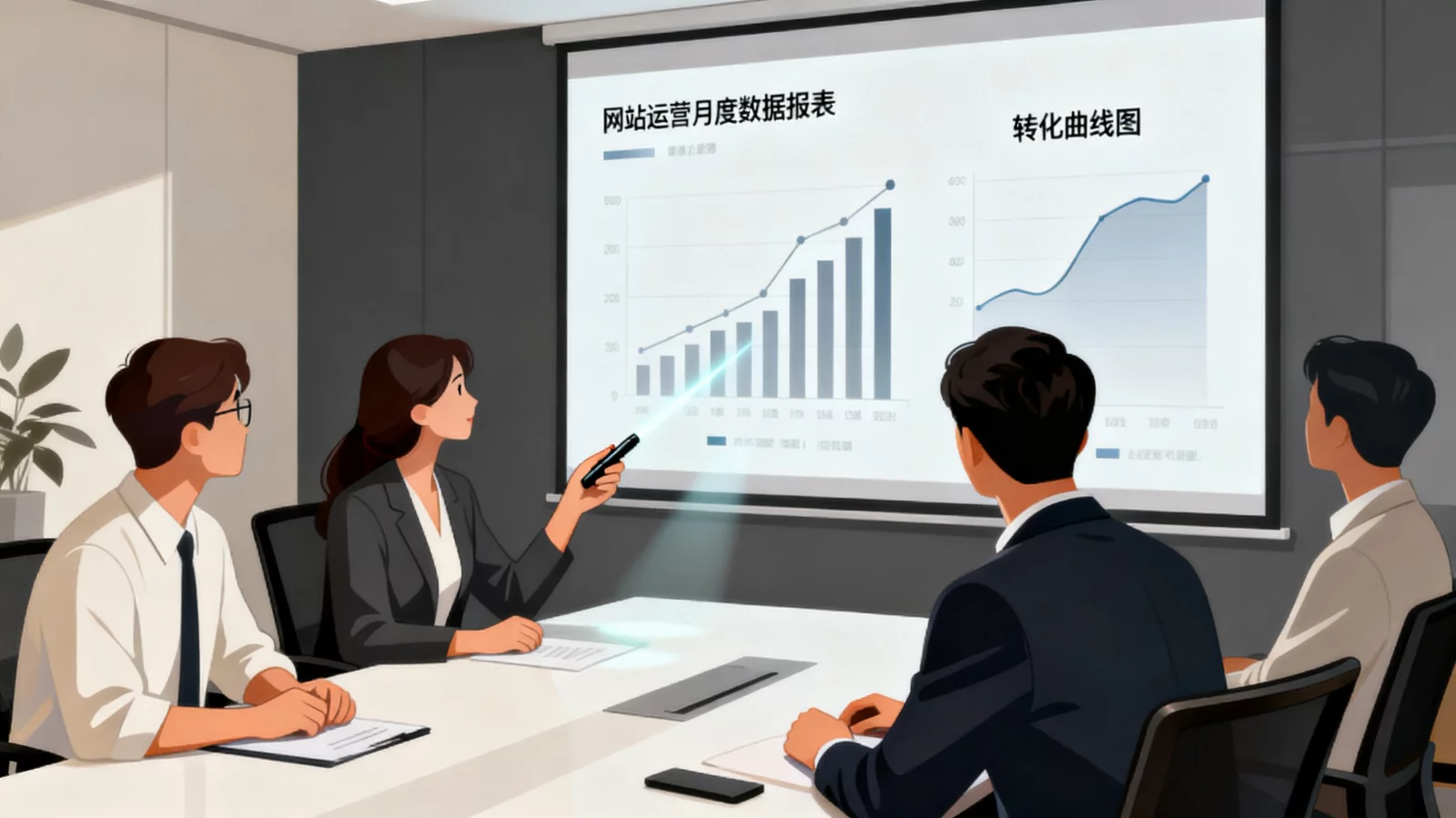 专业的代运营团队在会议室展示网站运营月度数据报表与转化曲线图，商务协同场景 | 企业网站代运营服务汇报图