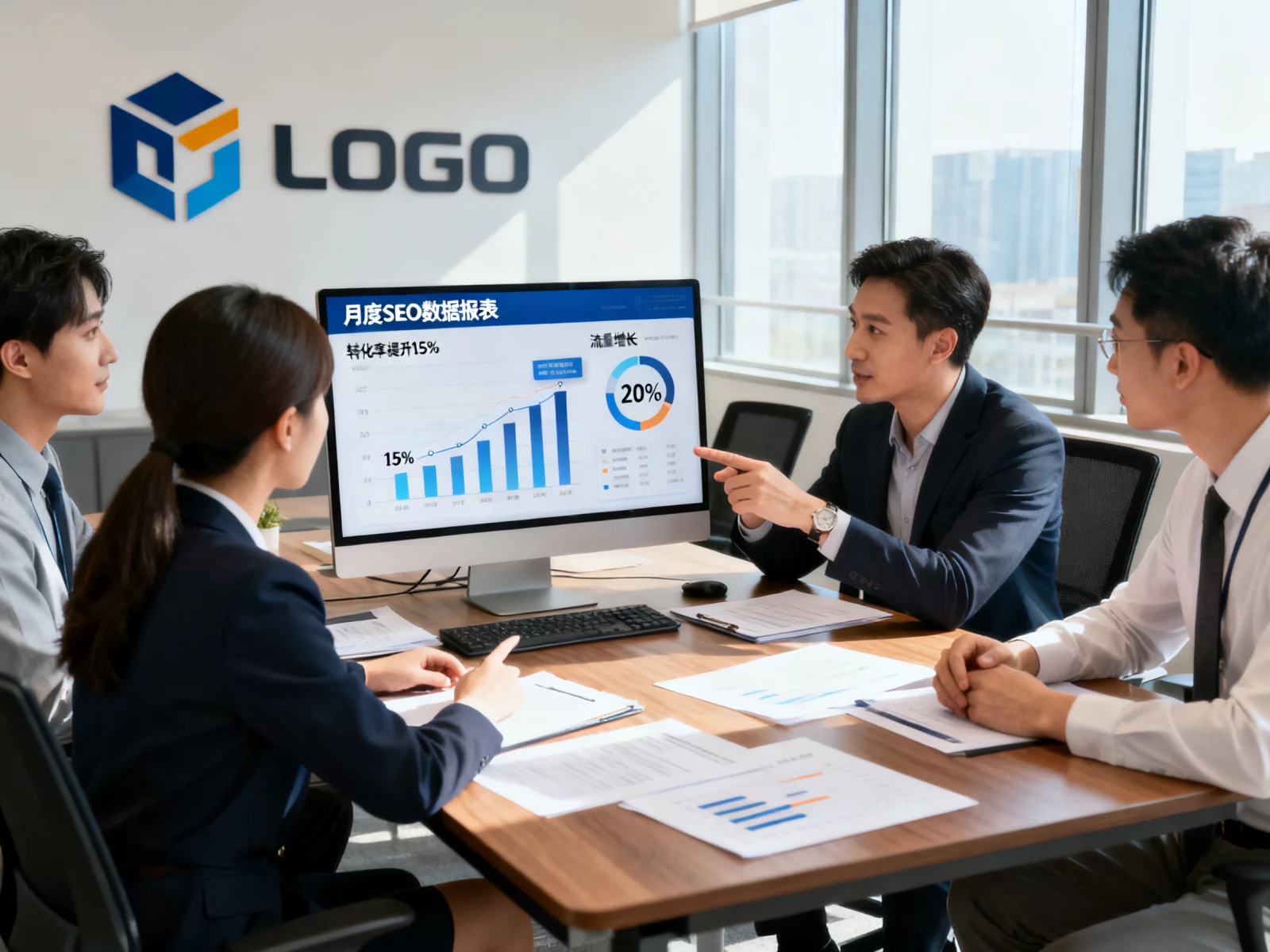 运营团队与企业客户讨论月度SEO数据报表与转化策略,办公室场景