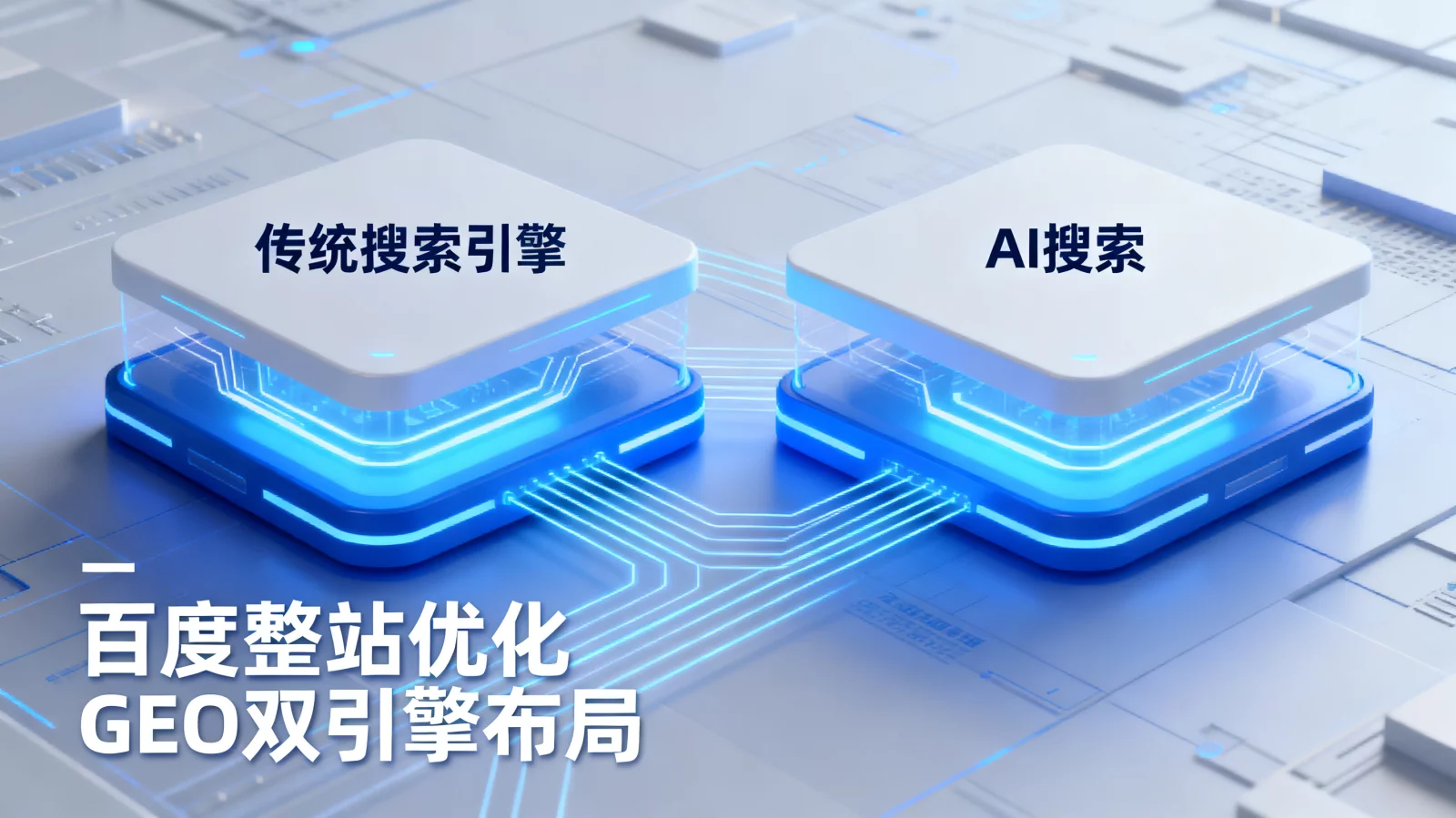 传统搜索引擎与AI搜索双引擎优化架构示意图,蓝白色调企业科技感 | seo-geo-dual-engine.webp | 百度整站优化与GEO双引擎布局