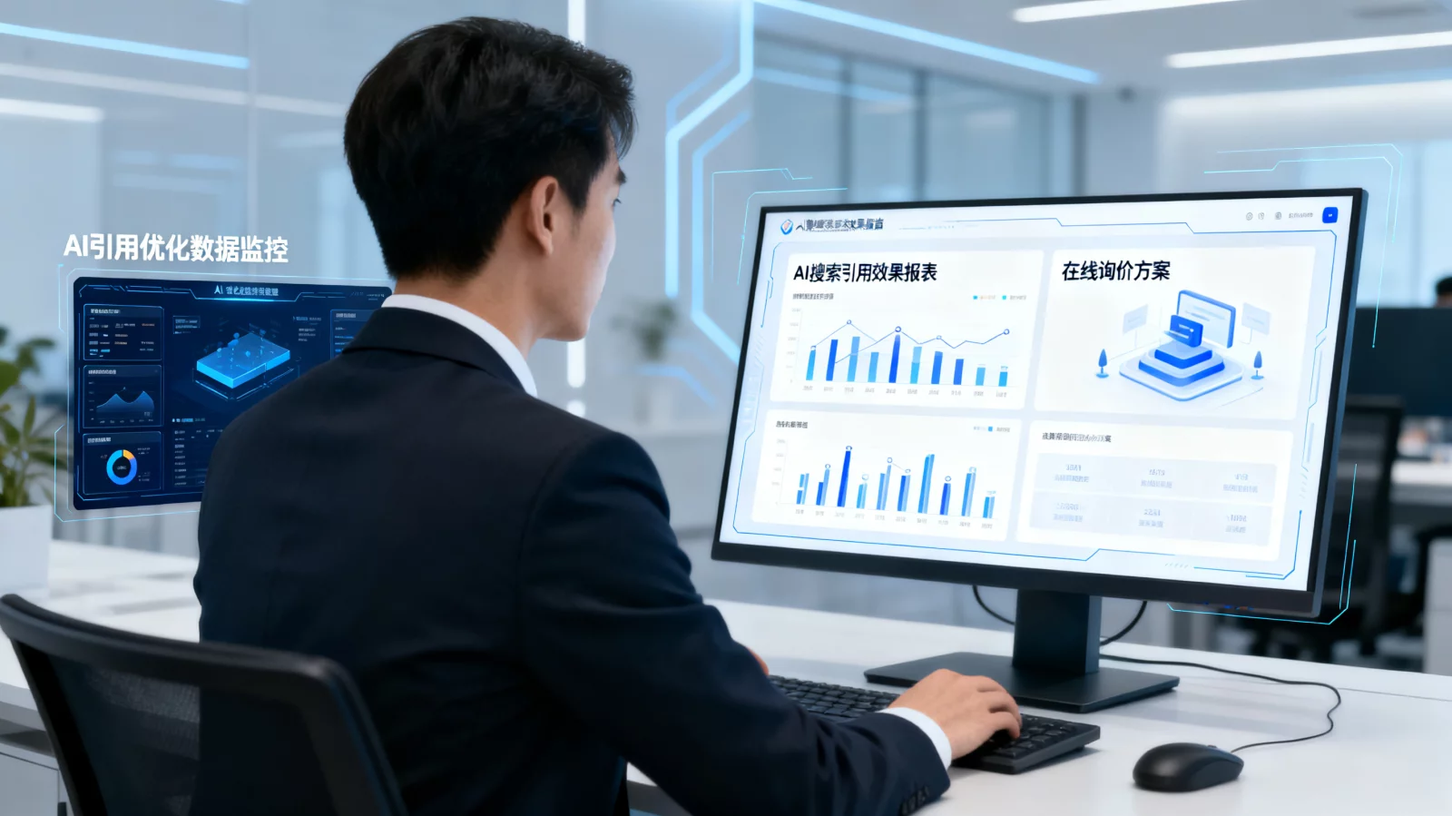 商务人士在电脑前查看AI搜索引用效果报表与在线询价方案,现代科技办公场景 | AI引用优化数据监控