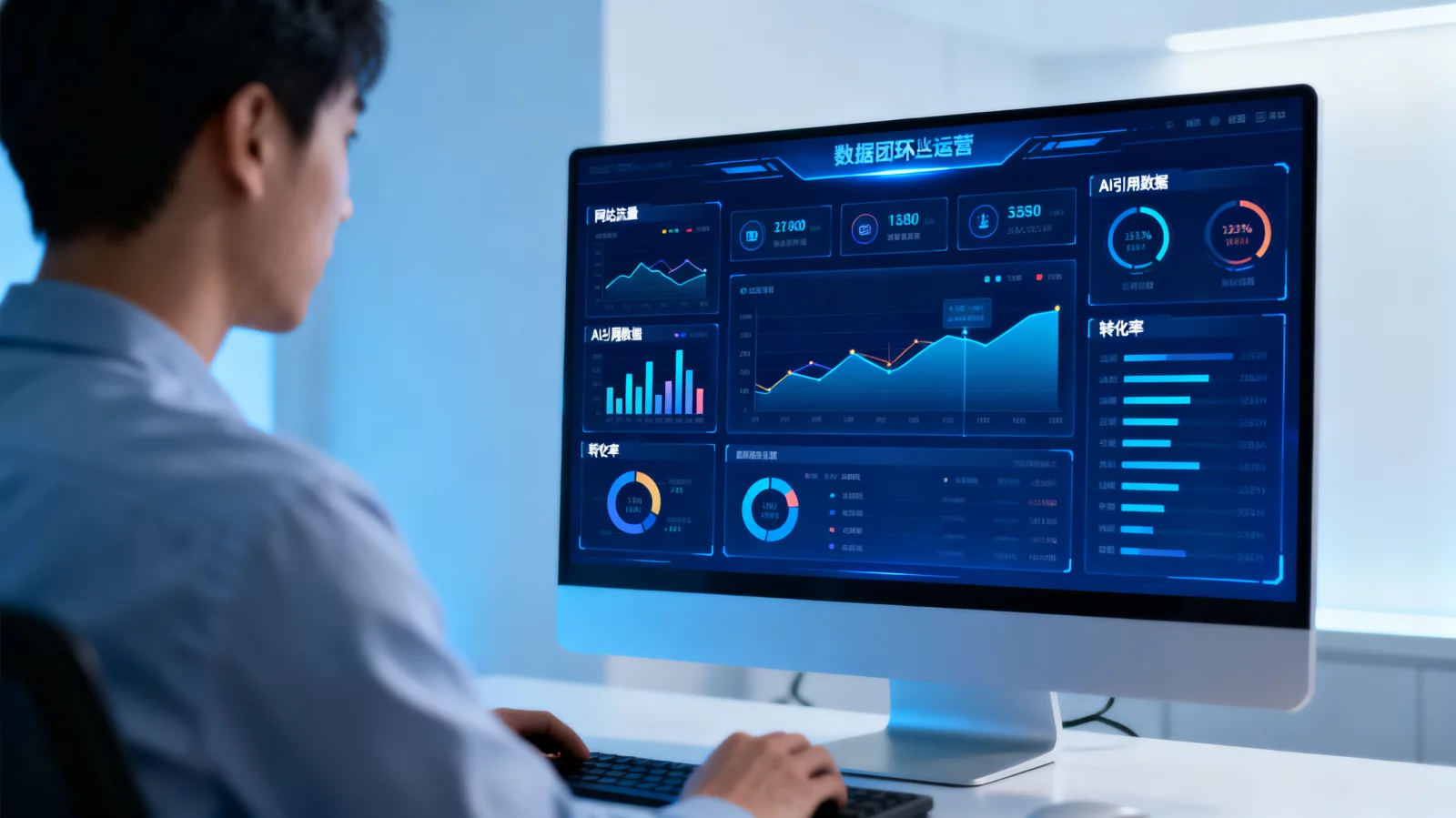 运营人员在电脑前监控网站流量与AI引用数据的闭环运营场景 | website-operations-dashboard.webp | 建站与AI搜索代运营服务