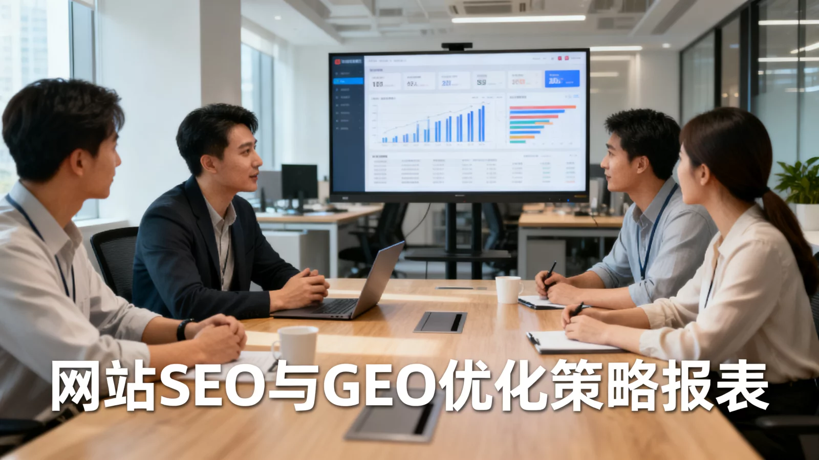 运营人员在会议室讨论网站SEO与GEO优化策略报表，现代化办公环境 | monthly-seo-geo-strategy.webp | 官网月度运营与SEO优化