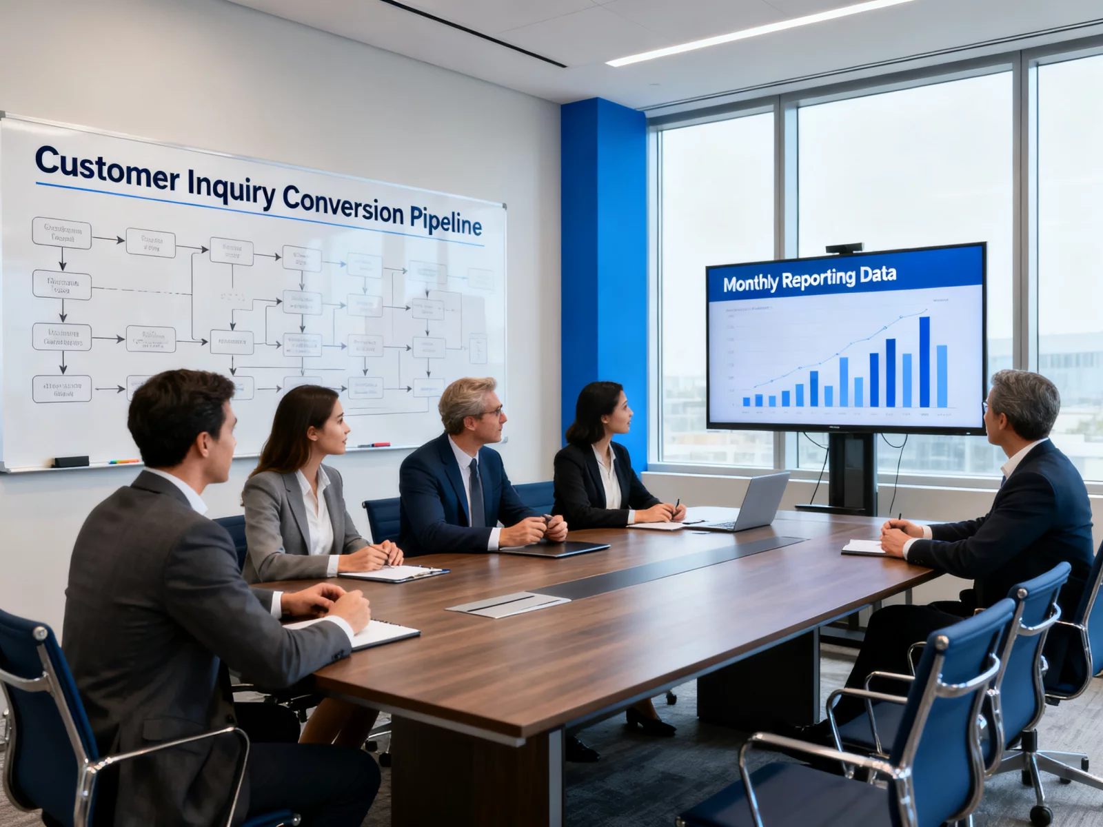 A team discussing customer inquiry conversion pipeline and monthly reporting data in a professional conference room