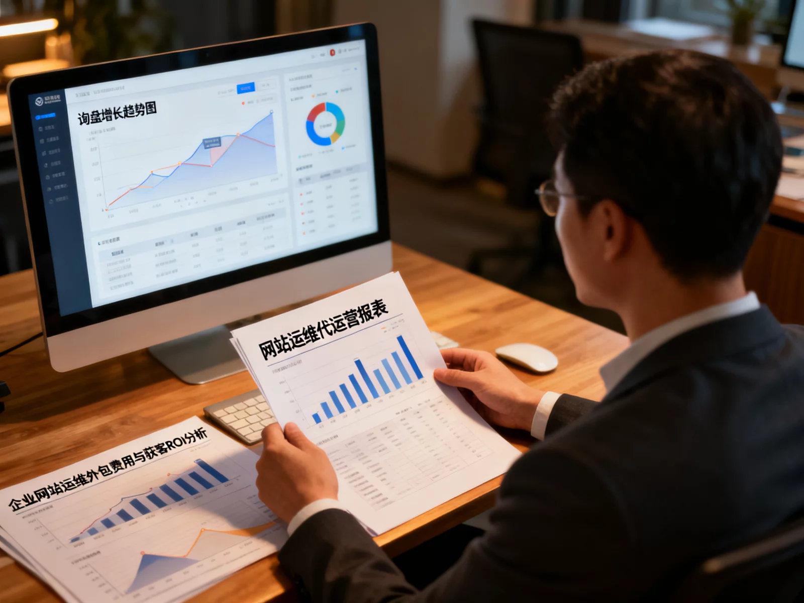 企业管理者审阅网站运维代运营报表与询盘增长趋势图 | website-maintenance-roi-analysis.webp | 企业网站运维外包费用与获客ROI分析