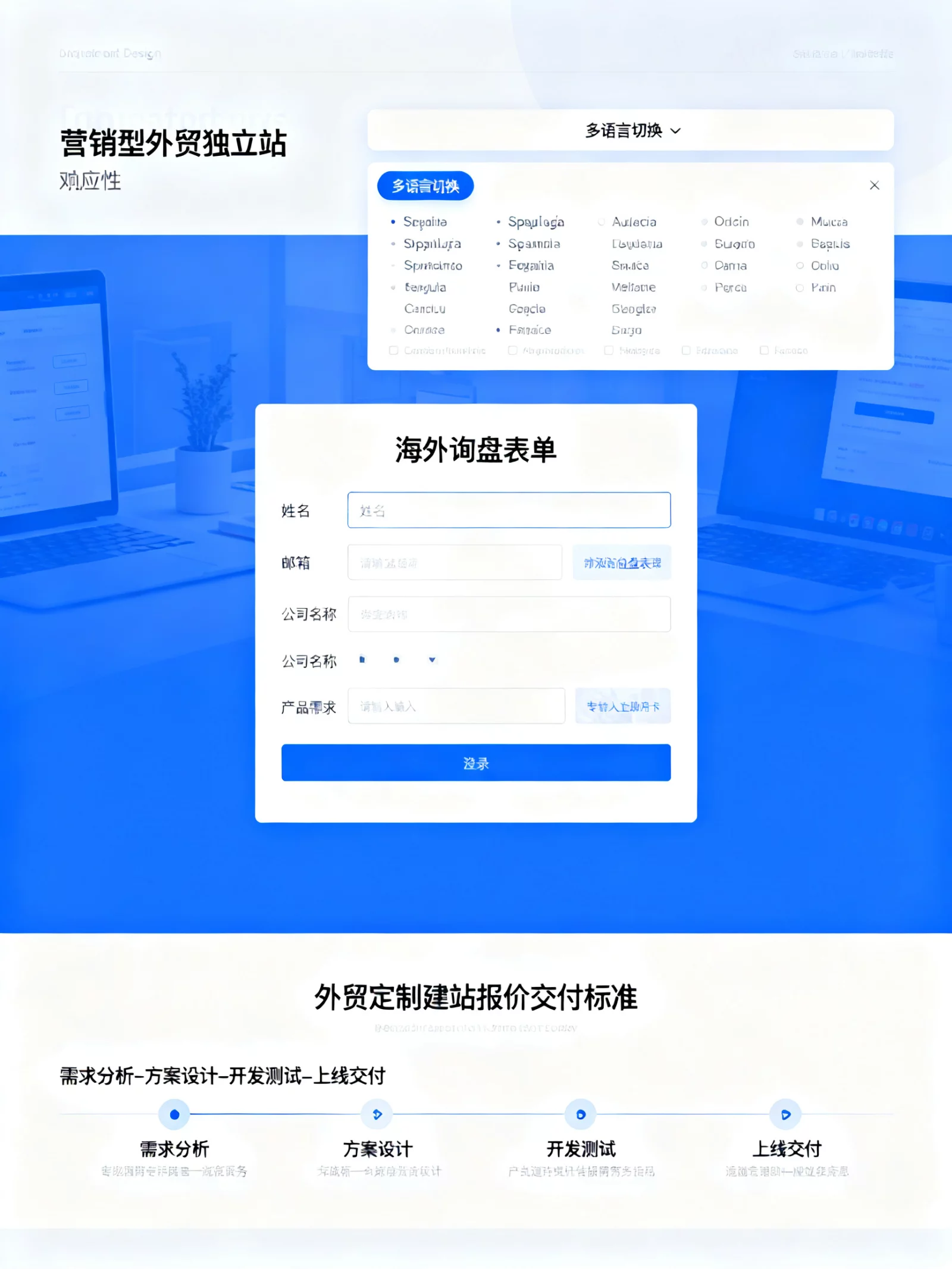 营销型外贸独立站响应式界面展示,突出海外询盘表单与多语言切换,外贸定制建站报价交付标准