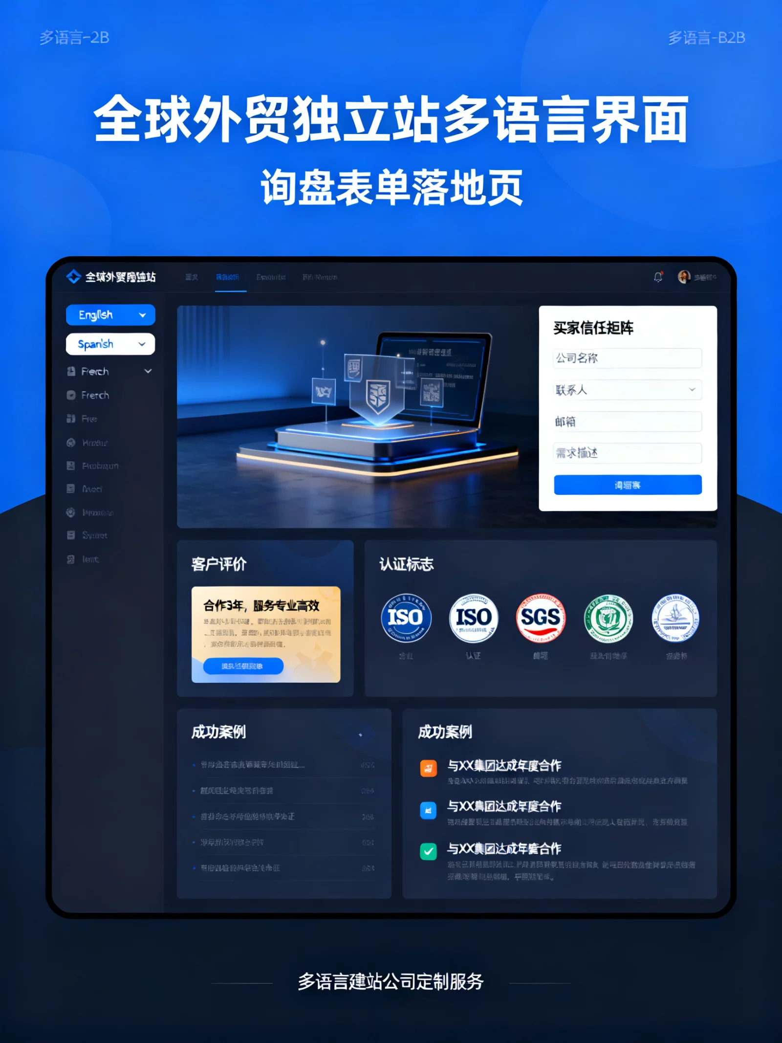 全球外贸独立站多语言界面与询盘表单落地页，呈现清晰的买家信任矩阵 | multi-language-b2b-website-design.webp | 多语言建站公司定制服务