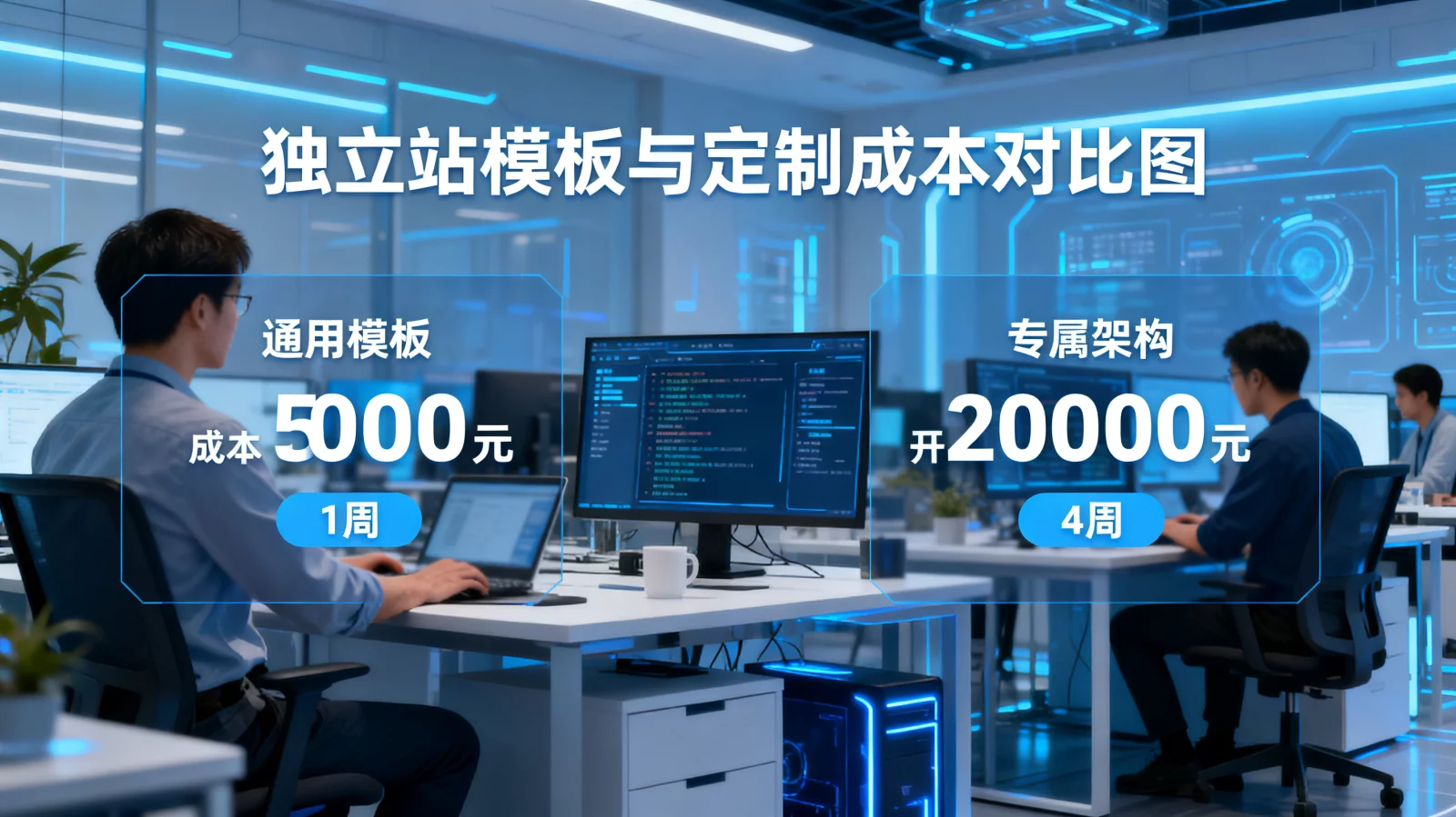 开发人员对比分析网站模板与定制化代码架构,科技感办公室 | 独立站模板与定制成本对比图