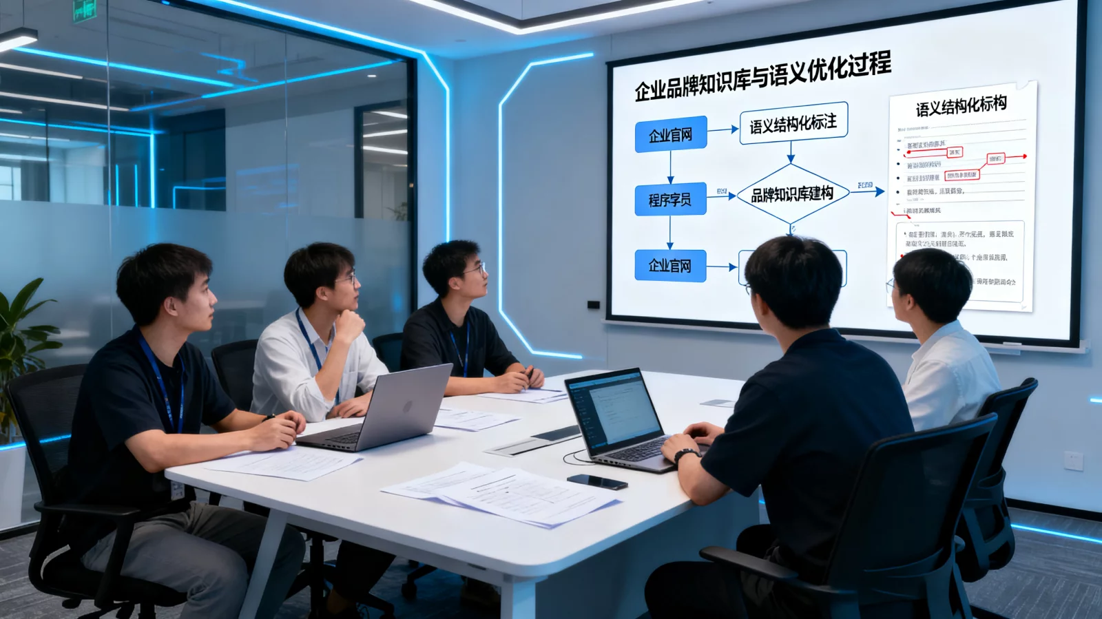 程序员与SEO专家共同讨论企业官网的语义结构化标注与品牌知识库建构，现代科技办公室环境 | brand-knowledge-base-seo-structuring.webp | 企业品牌知识库与语义优化过程