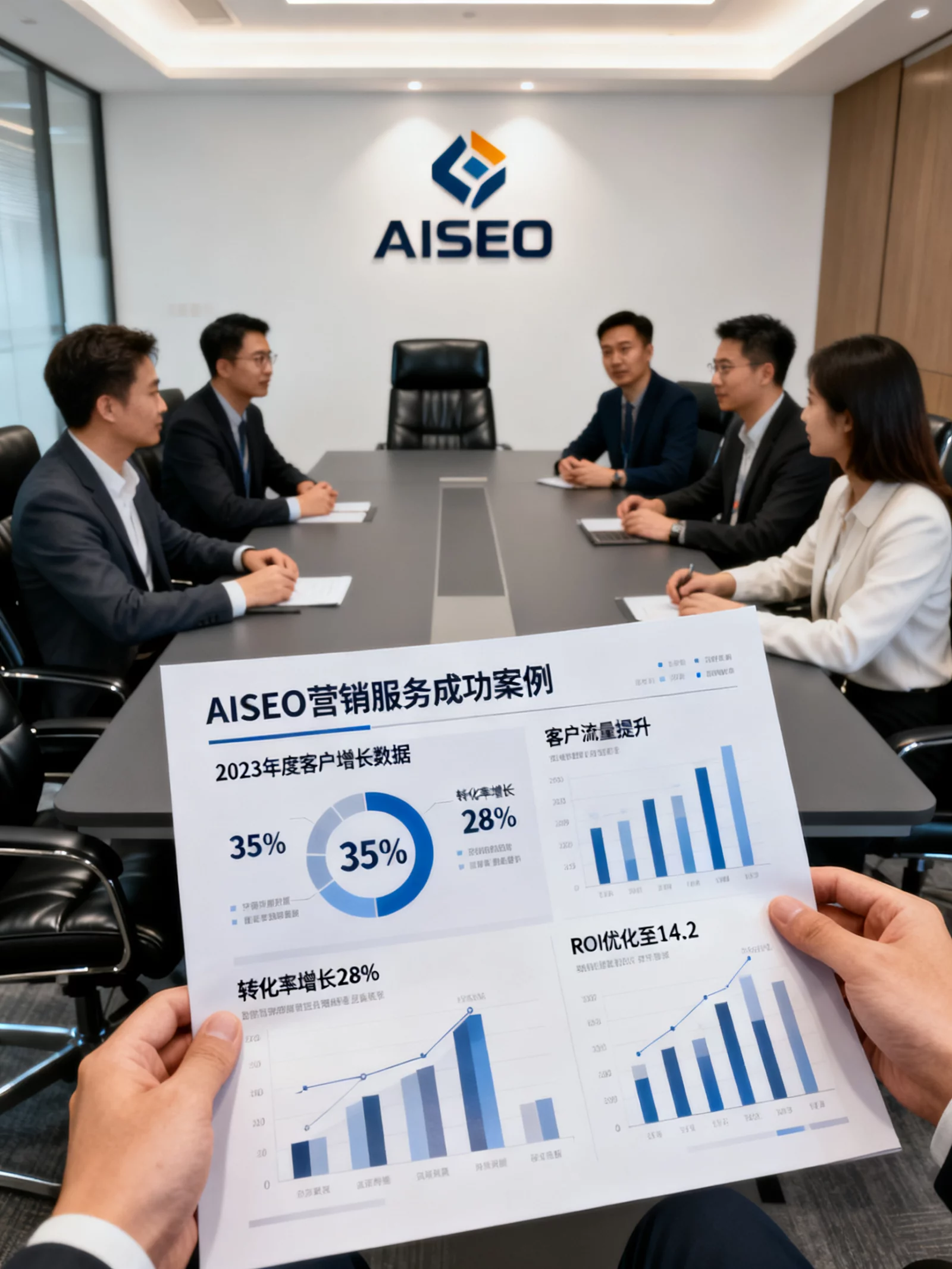 B2B企业决策人与数字营销专家在会议室探讨AISEO营销服务方案,展示成功服务案例报表 | b2b-digital-marketing-case-discussion.webp | 企业对接AISEO营销服务与效果落地探讨