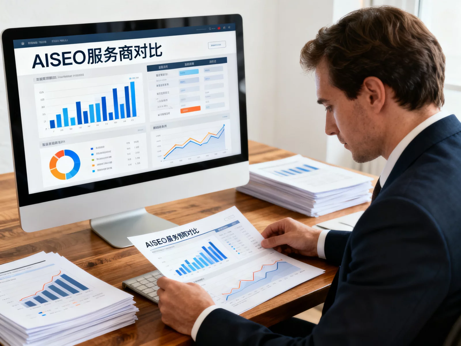 企业决策人在办公室评估AISEO服务商对比报告,桌上放着数据图表与电脑展示,商务写实风格 | aiseo-provider-comparison.webp | 企业评估AISEO服务商对比与筛选标准