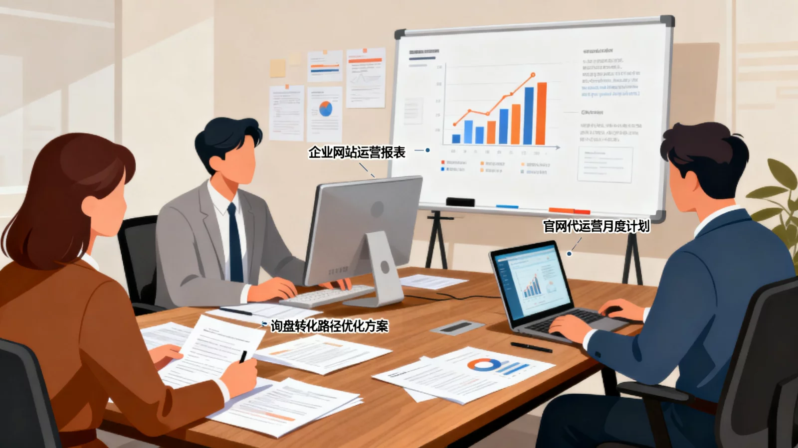 团队讨论企业网站运营报表与询盘转化路径优化方案 | website-operation-monthly-plan.webp | 官网代运营月度计划与报表讨论