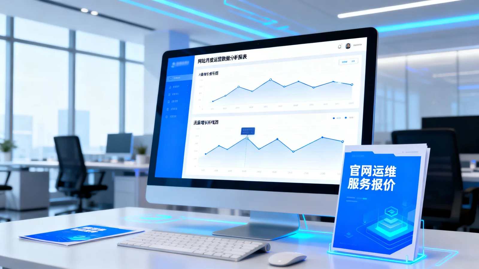 电脑屏幕上展示着网站月度运营数据分析报表与流量增长折线图,科技感现代办公室背景 | website-operation-monthly-report.webp | 官网运维服务报价与月度数据报表分析