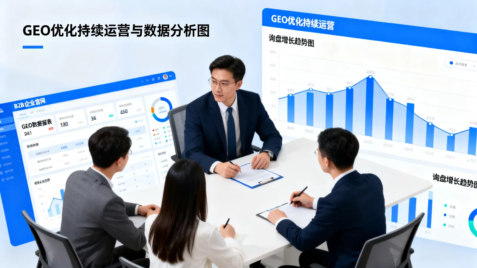 商务团队分析B2B企业官网GEO数据报表与询盘增长趋势图 | geo-analytics-dashboard.webp | GEO优化持续运营与数据分析图