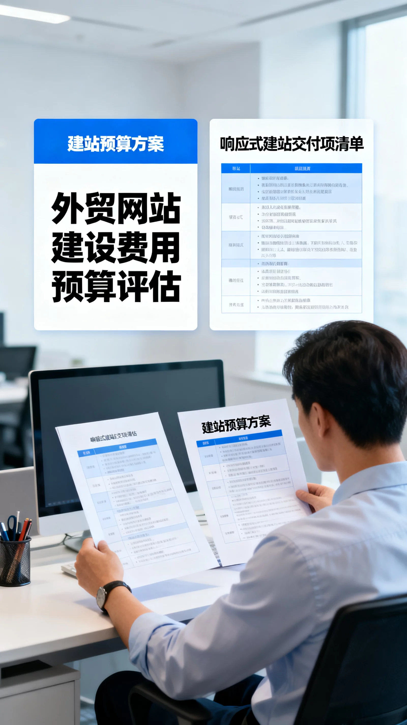 企业决策者正在对比建站预算方案与响应式建站交付项清单 | website-budget-planning.webp | 外贸网站建设费用预算评估