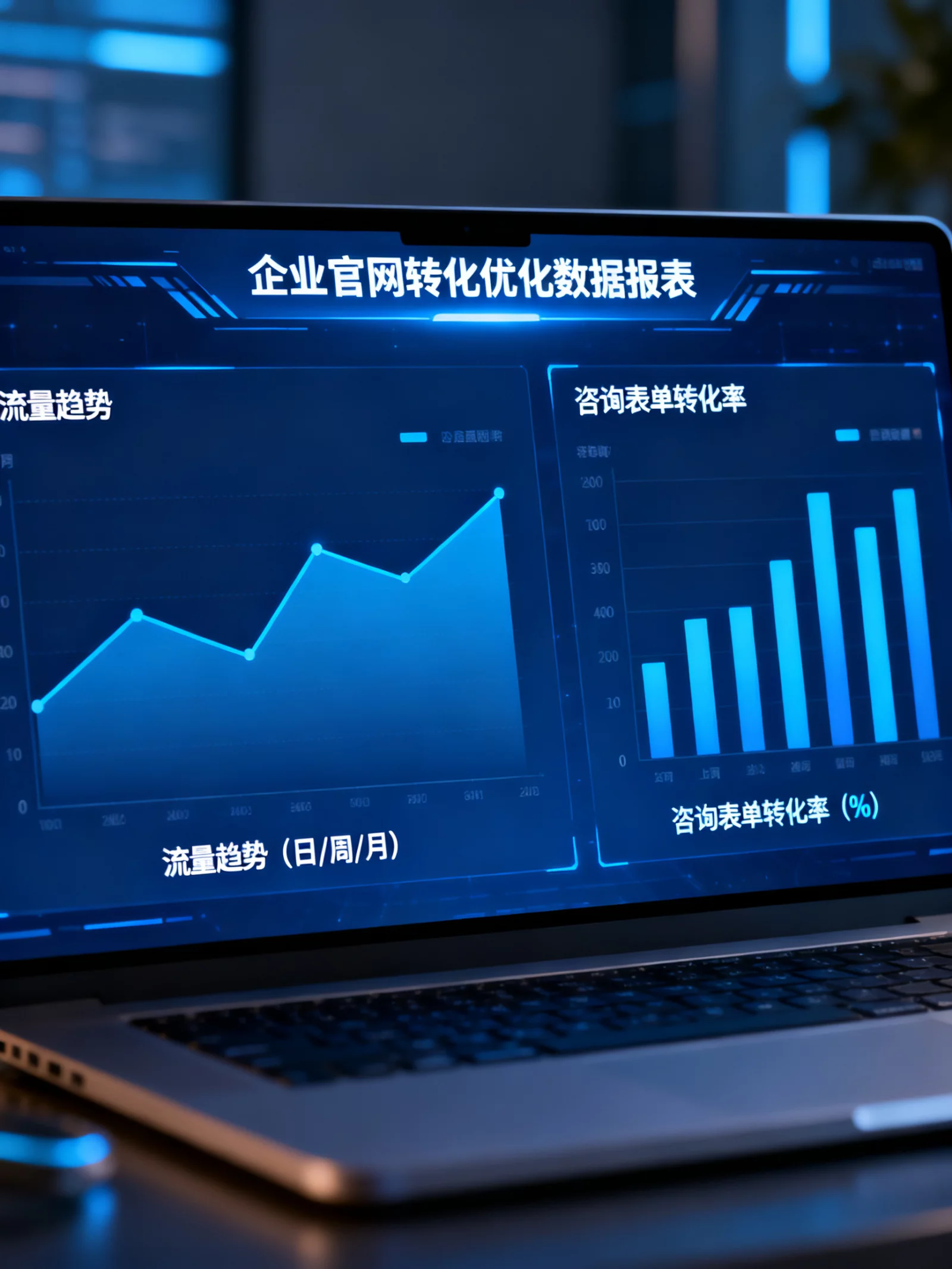 商业数据分析界面展示流量趋势与咨询表单转化率，高科技蓝色调 | website-conversion-analytics.webp | 企业官网转化优化与数据报表展示
